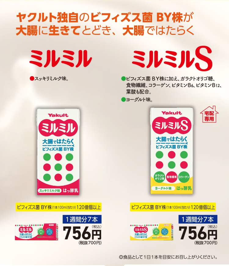 ヤクルト独自のビフィズス菌 ＢＹ株が大腸に生きてとどき、大腸ではたらく ミルミル　ミルミルS